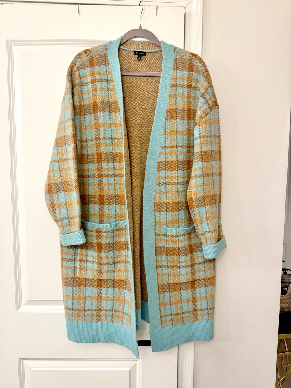 Talbots Aqua Trim Plaid Open Cardigan